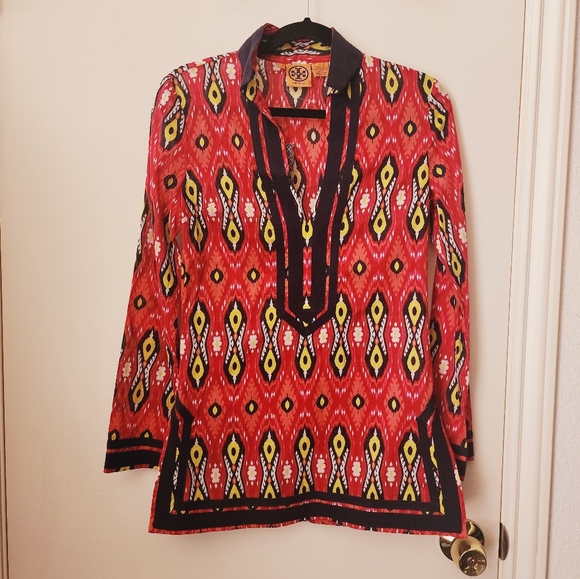 Tory Burch Tops - Tory Burch Ikat Long Sleeve Tunic Blouse Top Red Multi NWT Sz 0